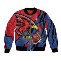 Unisex red and blue graphic bomber jacket, full-zip front, ribbed collar and cuffs