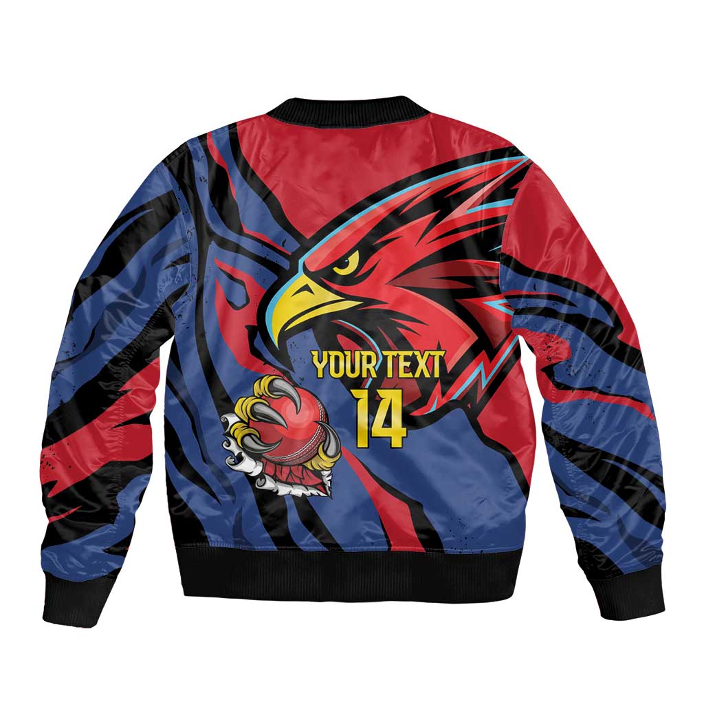 Unisex red and blue graphic bomber jacket back print with custom text 14, ribbed hem