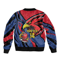 Unisex red and blue graphic bomber jacket back print with custom text 14, ribbed hem