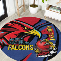 Round red, blue and black cricket team carpet with Antigua & Barbuda Falcons emblem