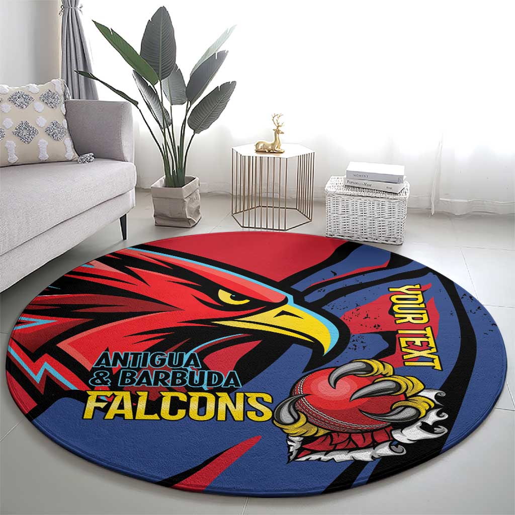 Round cricket carpet with Antigua & Barbuda Falcons eagle head graphic in red, blue and black