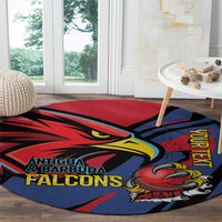Round carpet with Antigua & Barbuda Falcons logo and text on red, blue and black field