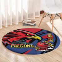 Round Antigua & Barbuda Falcons cricket carpet with eagle graphic in red, blue and black