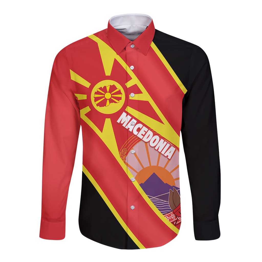 Personalised Macedonia National Day Long Sleeve Button Shirt New Sun of Liberty Waves Style - Wonder Print Shop