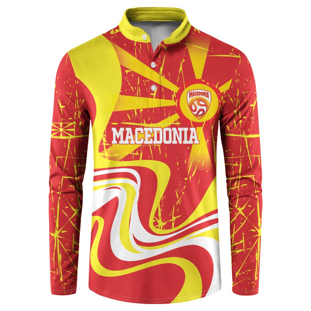 Red and yellow long-sleeve football sweatshirt with button placket and Macedonia crest