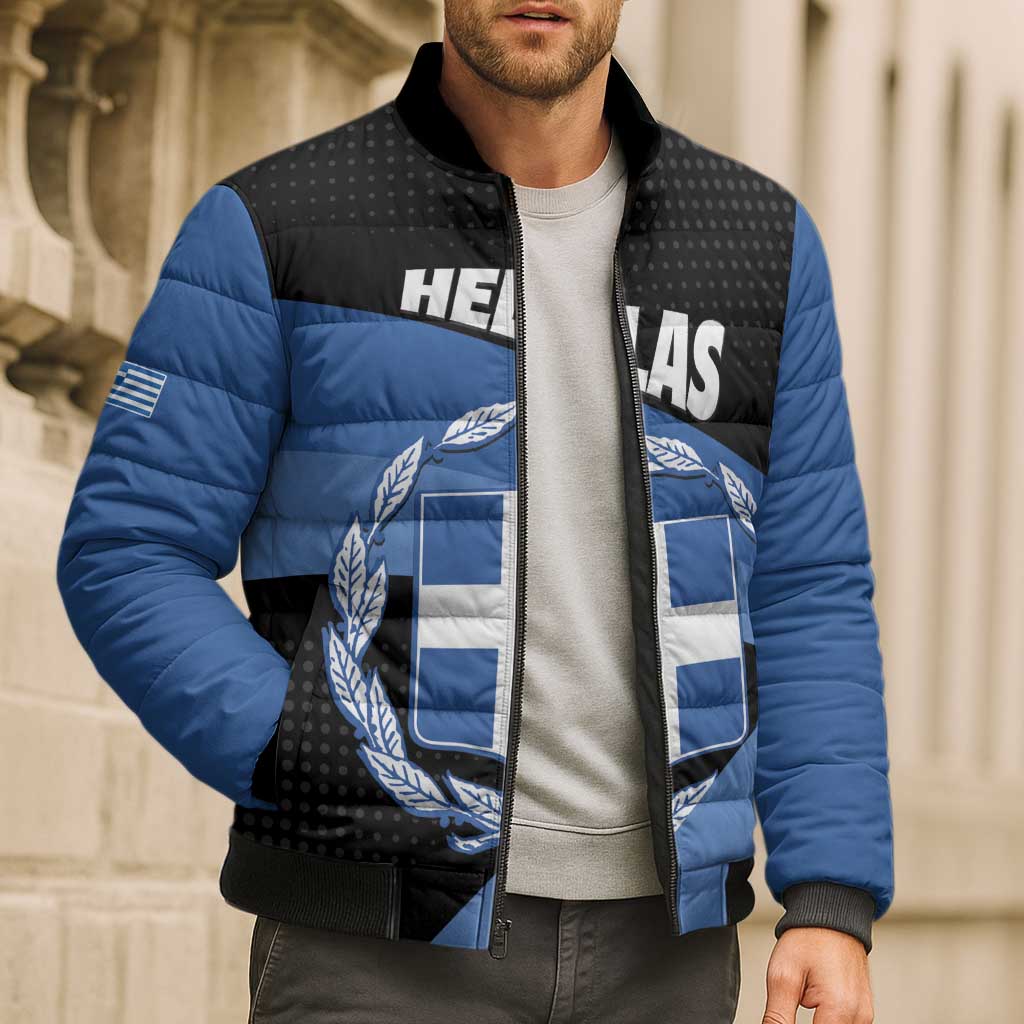 Personalised Greece Hellas Bomber Puffer Jacket Coat Of Arms - Wonder Print Shop
