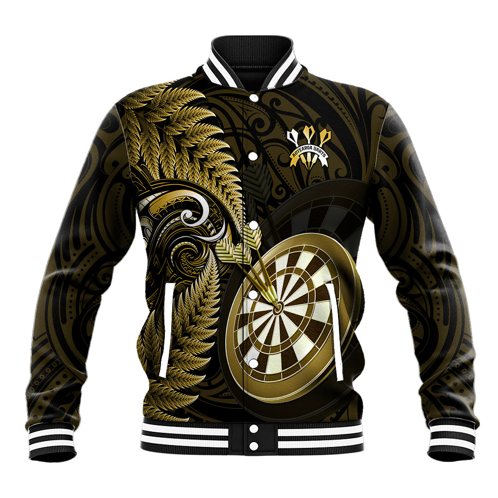 Gold and dark baseball jacket with bold dart and fern-style graphics, snap button front
