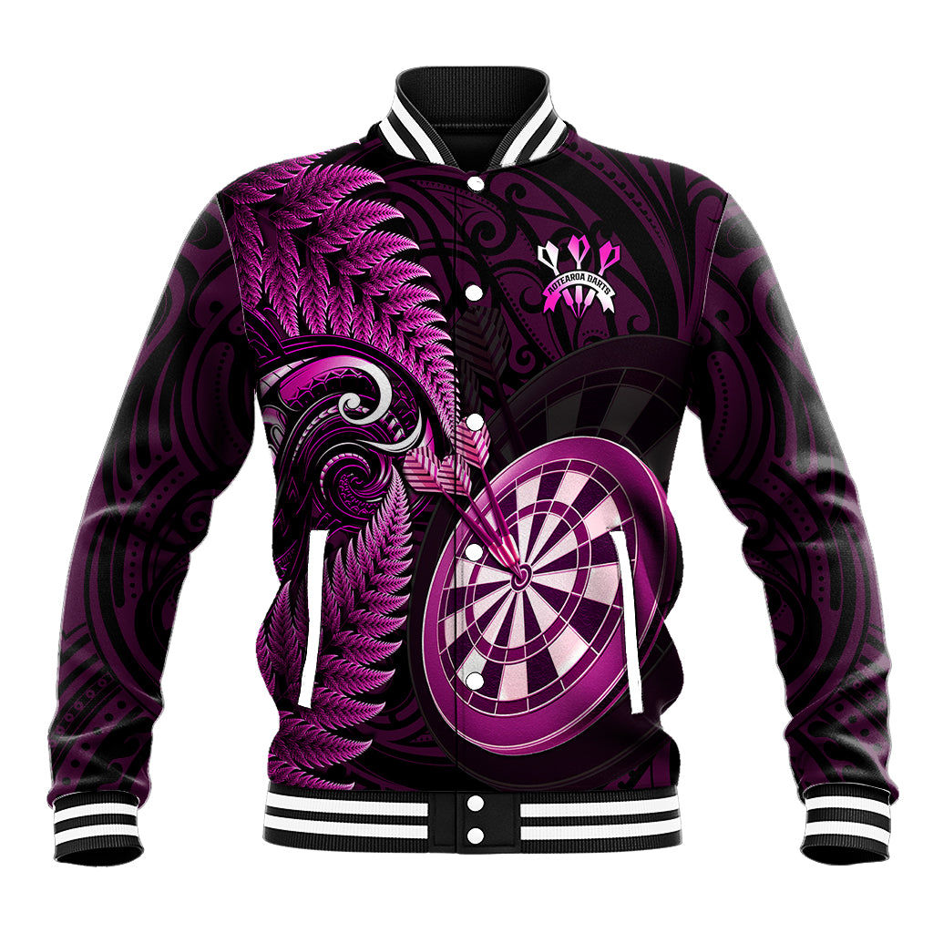 Pink and purple baseball jacket with striped collar, button front, and dartboard graphic