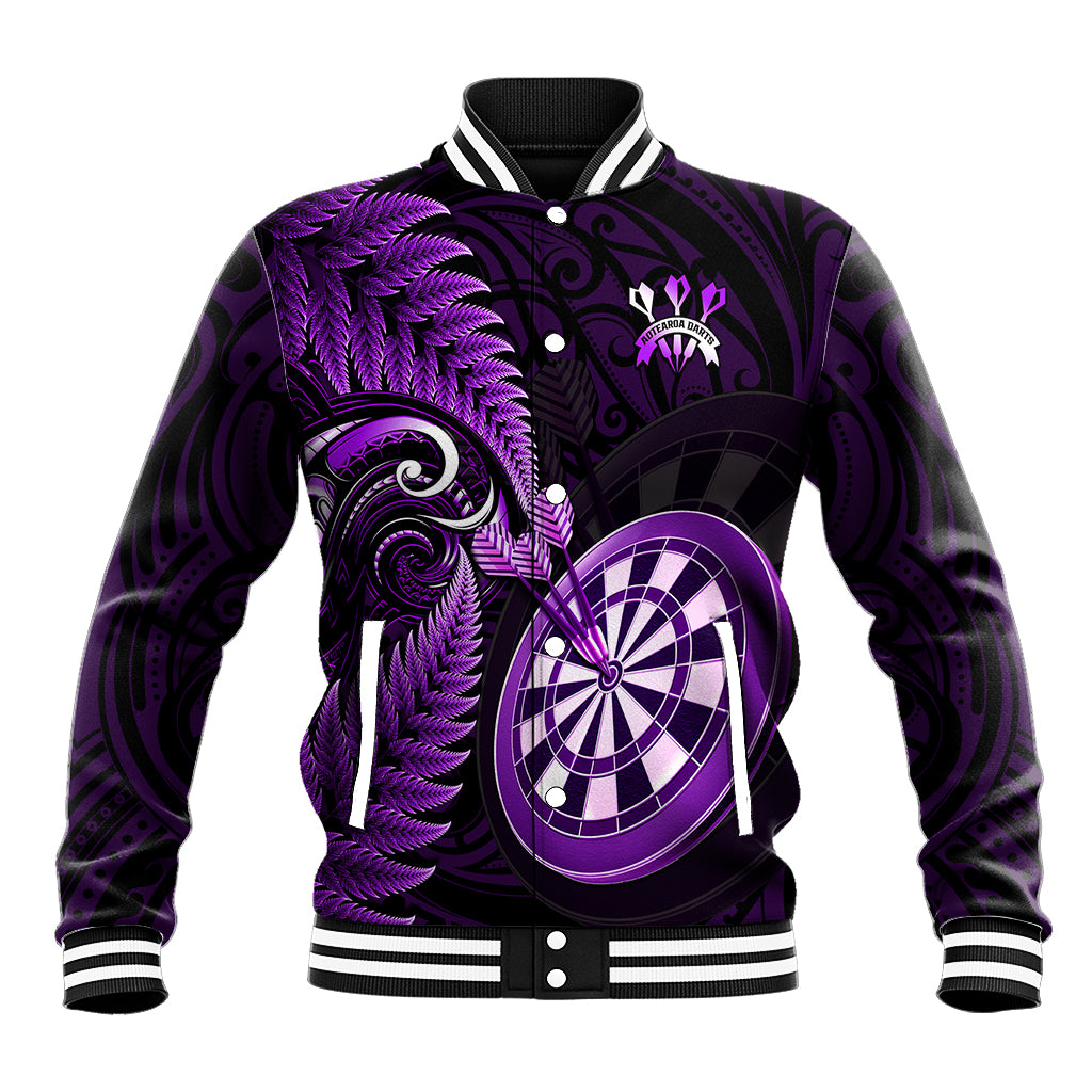 Purple baseball jacket with button snap front, ribbed striped collar, dart graphic