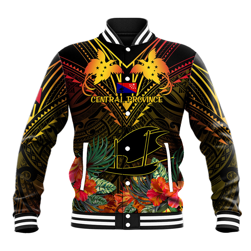 Black baseball jacket with Central Province emblem, tropical florals, striped collar and cuffs