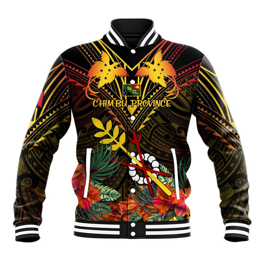 Black unisex baseball jacket with colorful tribal birds graphic and snap-front