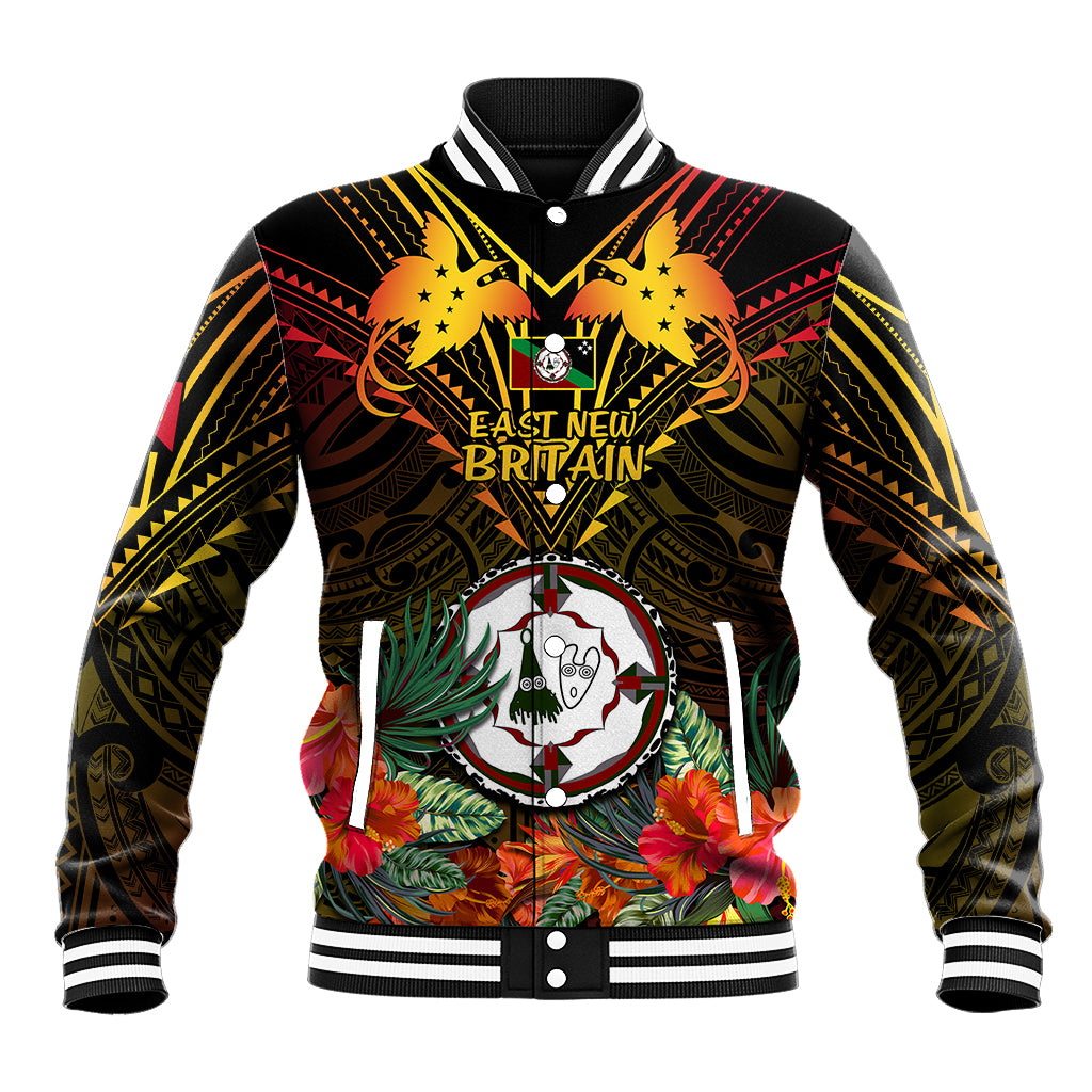 Unisex black baseball jacket with colorful crest, flowers, and striped ribbed cuffs