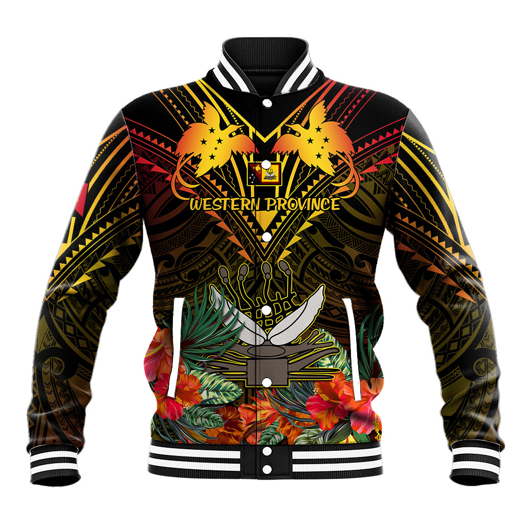 Black unisex baseball jacket with striped collar and Western Province crest front print