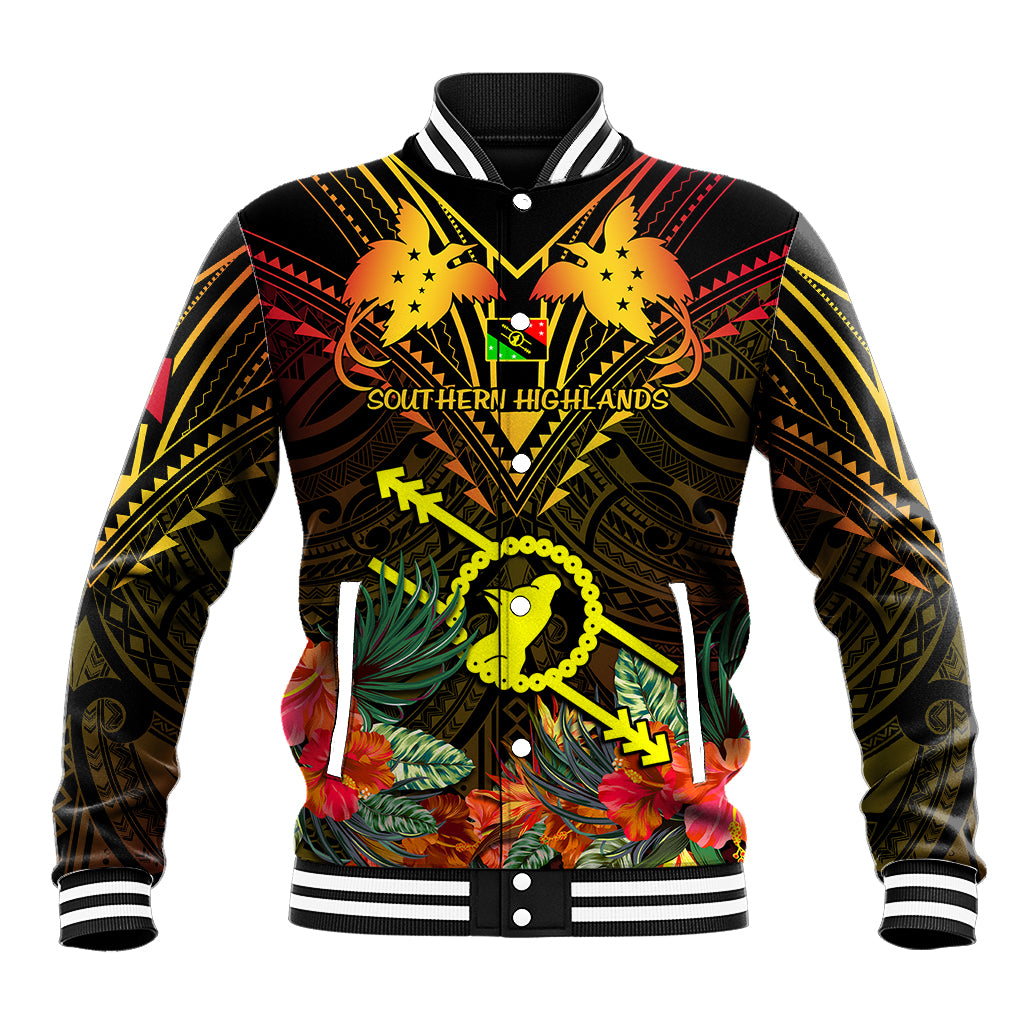 Black varsity jacket with colorful front crest, floral and tribal patterns
