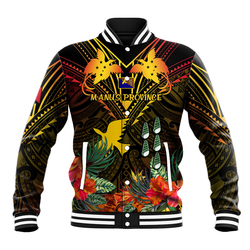 Black baseball jacket with colorful Manus Province crest and floral print, button front