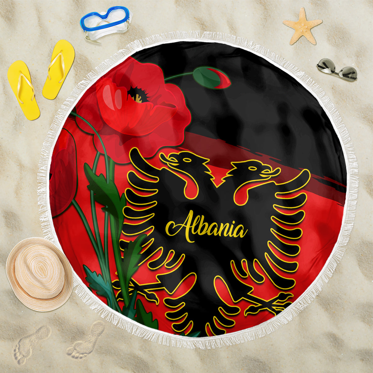 Albania Flag Day Beach Blanket Albanian Coat Of Arms With Red Poppy - Wonder Print Shop