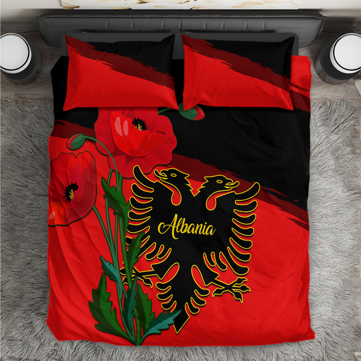 Albania Flag Day Bedding Set Albanian Coat Of Arms With Red Poppy - Wonder Print Shop