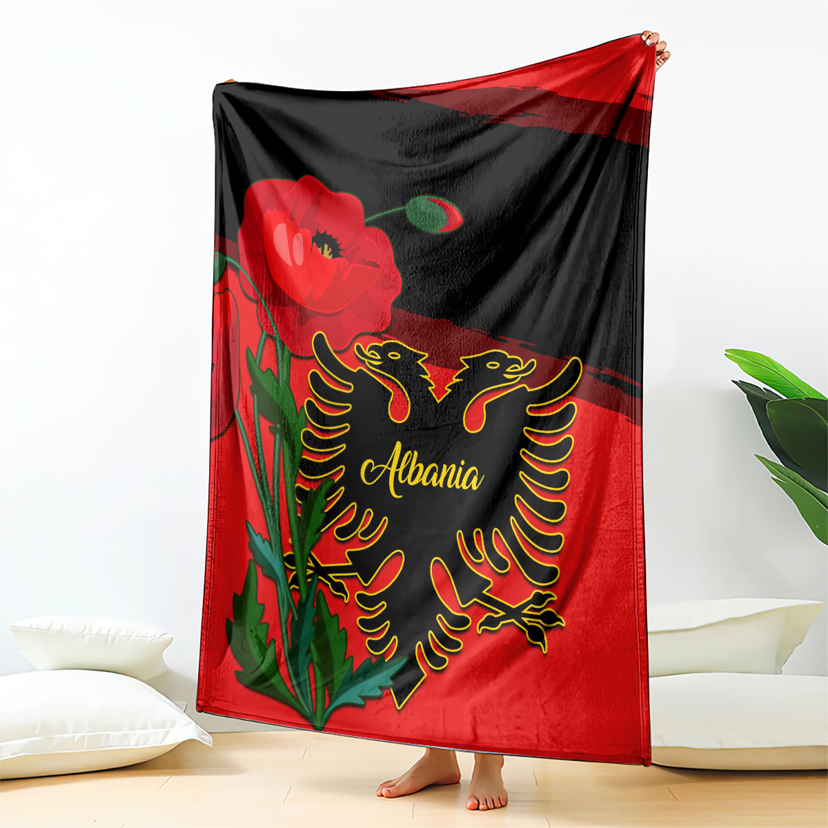 Red and black Albanian flag day blanket with coat of arms, eagle and poppy flowers