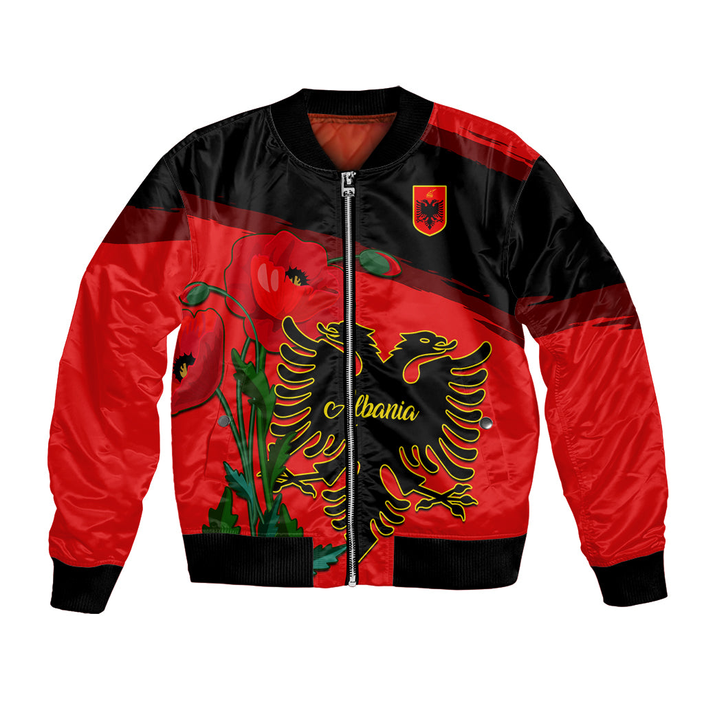 Red and black bomber jacket with Albania eagle crest and poppy floral graphic