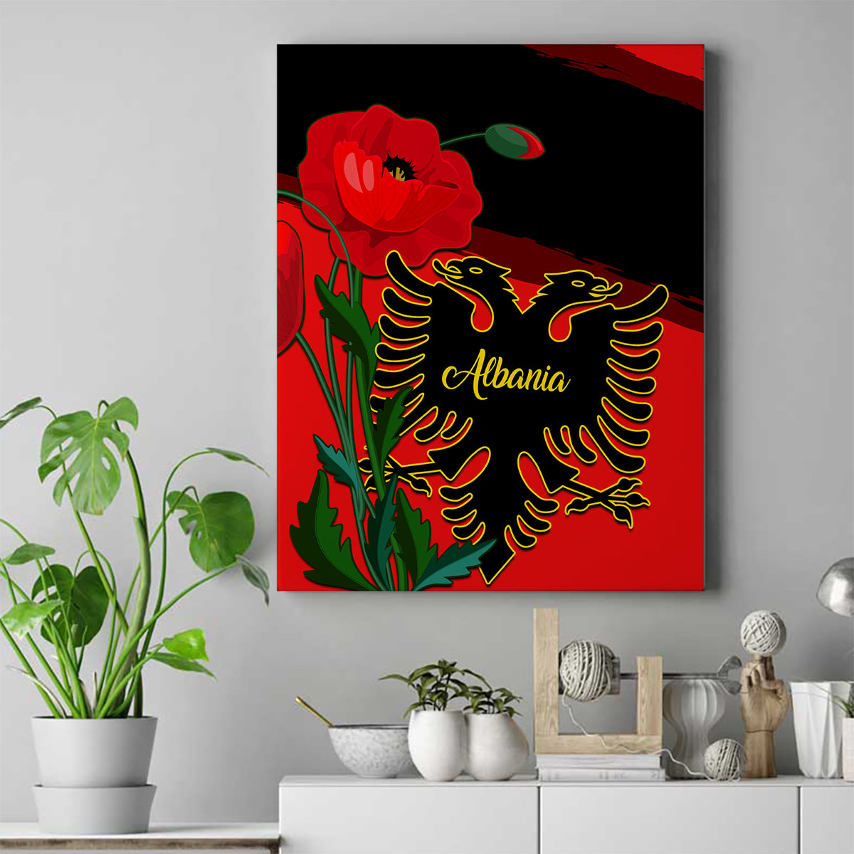 Albania Flag Day Canvas Wall Art Albanian Coat Of Arms With Red Poppy - Wonder Print Shop