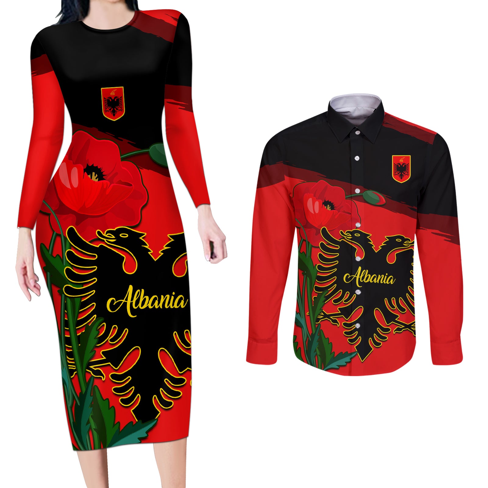 Albania Flag Day Couples Matching Long Sleeve Bodycon Dress and Long Sleeve Button Shirt Albanian Coat Of Arms With Red Poppy - Wonder Print Shop