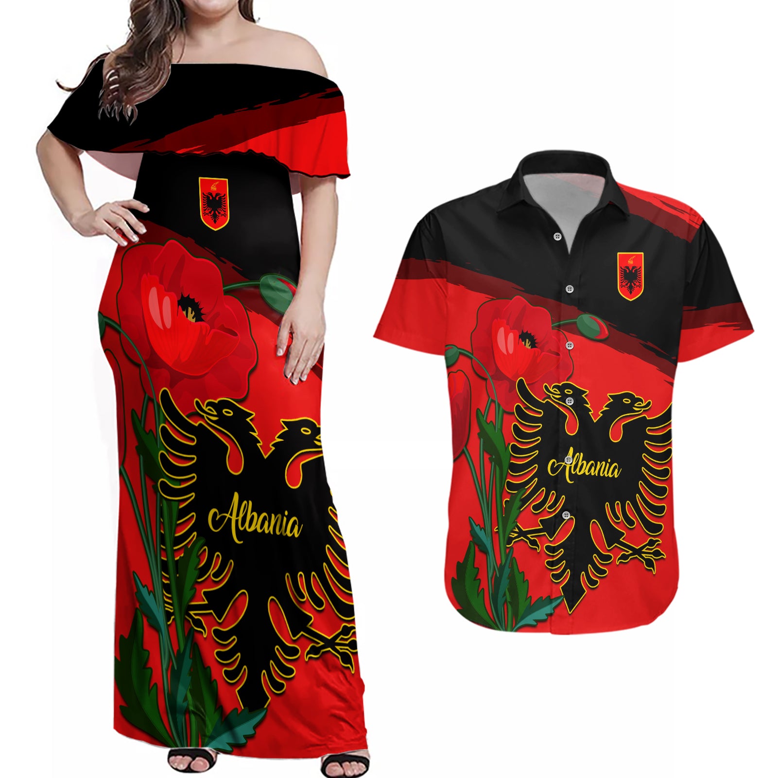 Albania Flag Day Couples Matching Off Shoulder Maxi Dress and Hawaiian Shirt Albanian Coat Of Arms With Red Poppy - Wonder Print Shop