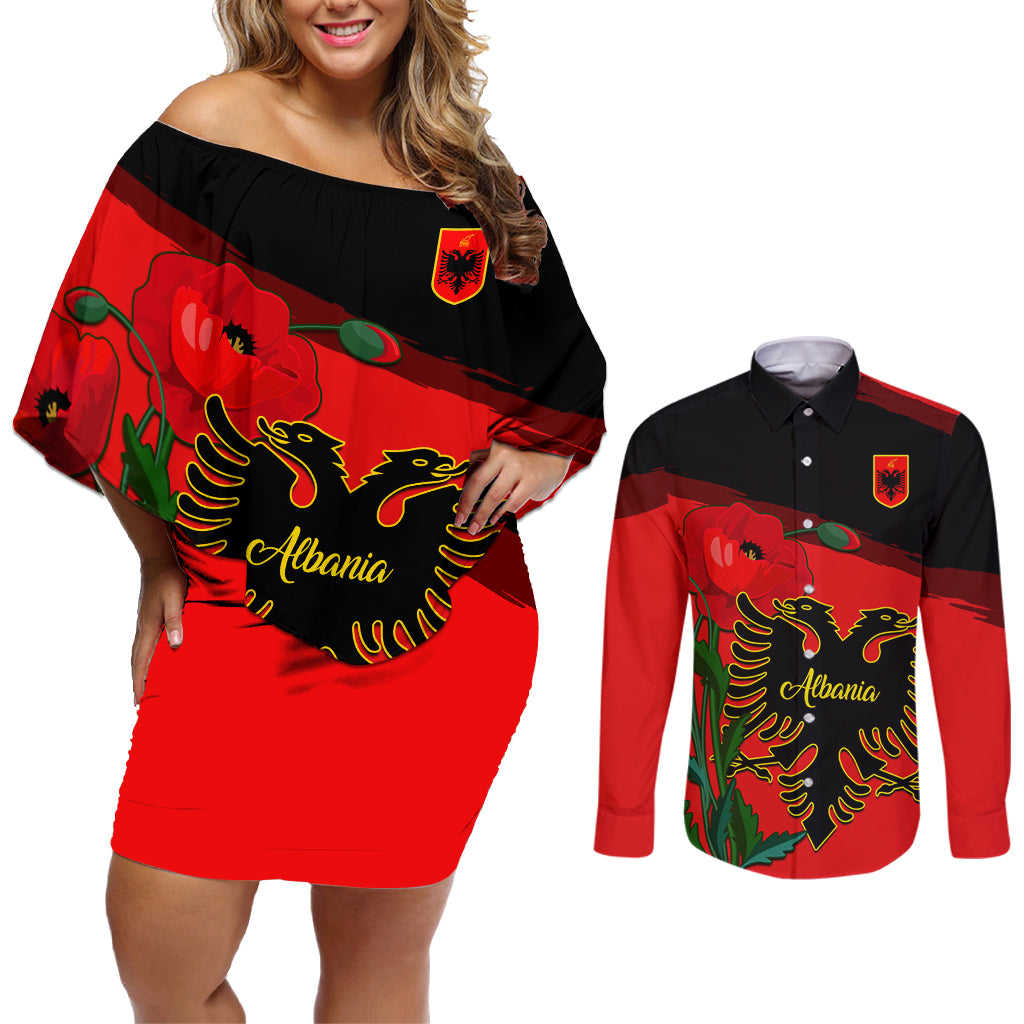 Albania Flag Day Couples Matching Off Shoulder Short Dress and Long Sleeve Button Shirt Albanian Coat Of Arms With Red Poppy - Wonder Print Shop