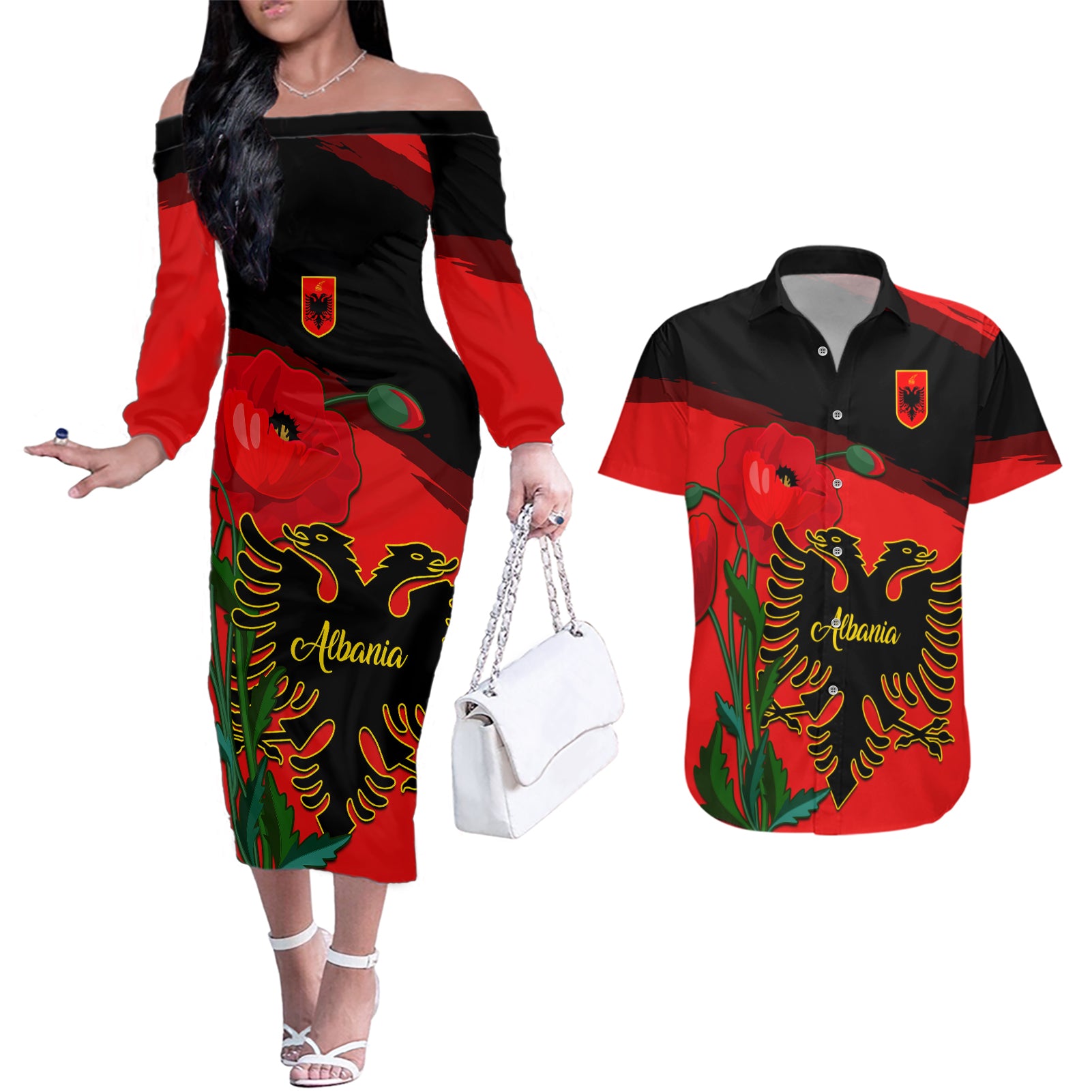 Albania Flag Day Couples Matching Off The Shoulder Long Sleeve Dress and Hawaiian Shirt Albanian Coat Of Arms With Red Poppy - Wonder Print Shop