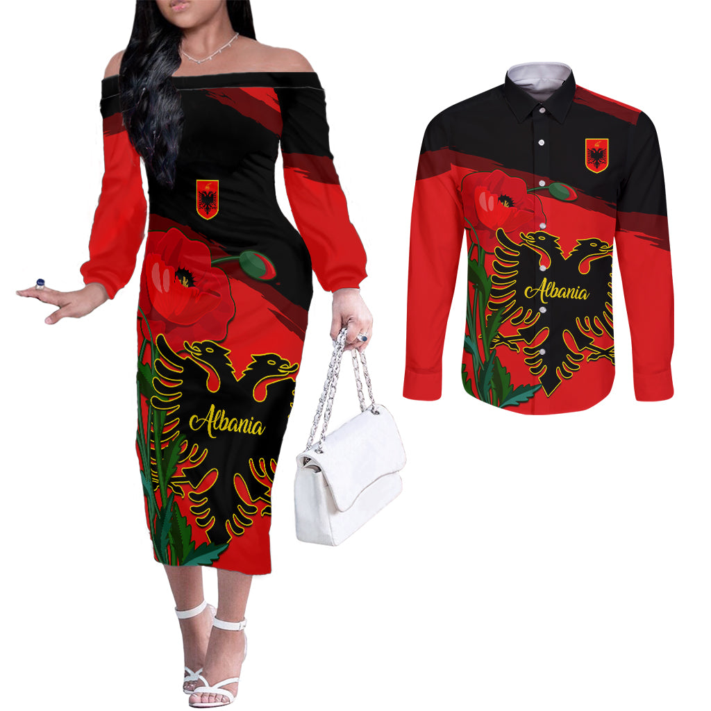 albania-flag-day-couples-matching-off-the-shoulder-long-sleeve-dress-and-long-sleeve-button-shirt-albanian-coat-of-arms-with-red-poppy