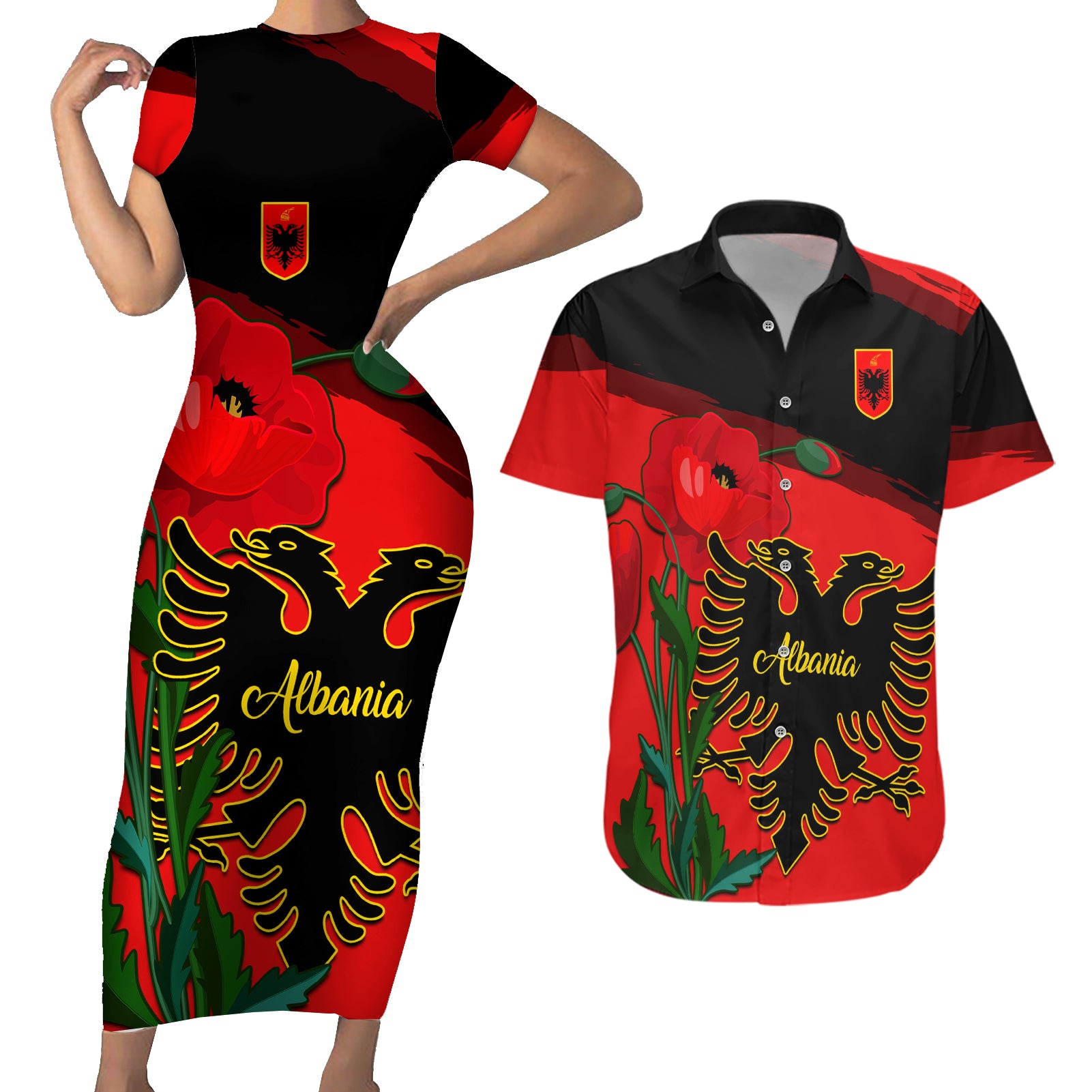 Albania Flag Day Couples Matching Short Sleeve Bodycon Dress and Hawaiian Shirt Albanian Coat Of Arms With Red Poppy - Wonder Print Shop