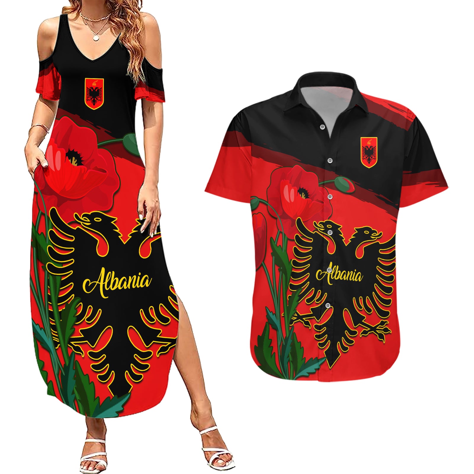 Albania Flag Day Couples Matching Summer Maxi Dress and Hawaiian Shirt Albanian Coat Of Arms With Red Poppy - Wonder Print Shop