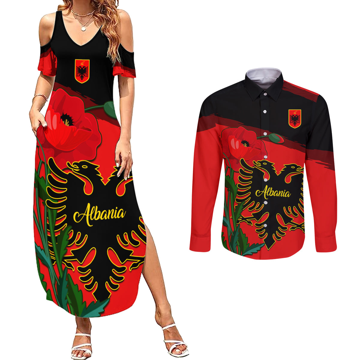 Albania Flag Day Couples Matching Summer Maxi Dress and Long Sleeve Button Shirt Albanian Coat Of Arms With Red Poppy - Wonder Print Shop