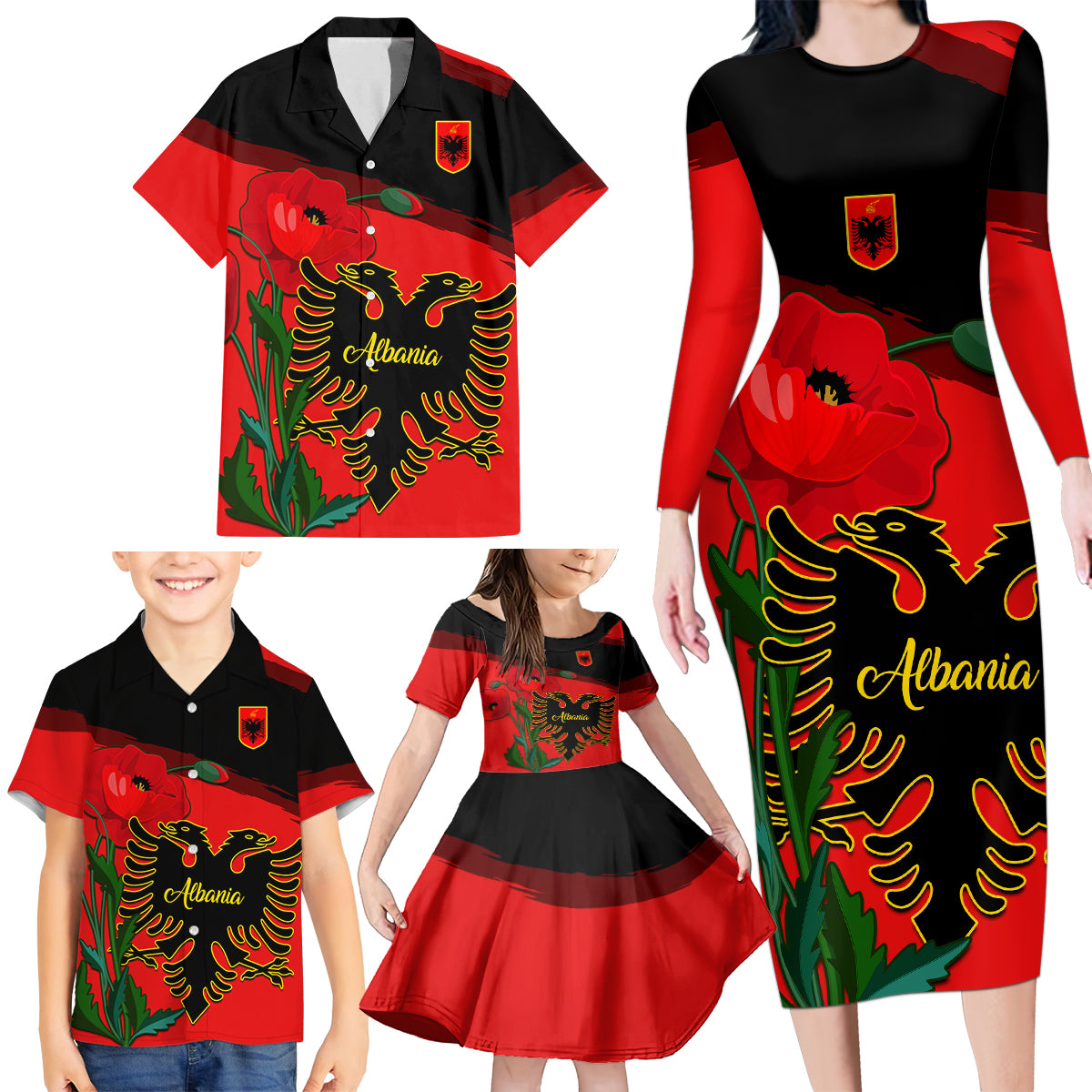 Albania Flag Day Family Matching Long Sleeve Bodycon Dress and Hawaiian Shirt Albanian Coat Of Arms With Red Poppy - Wonder Print Shop