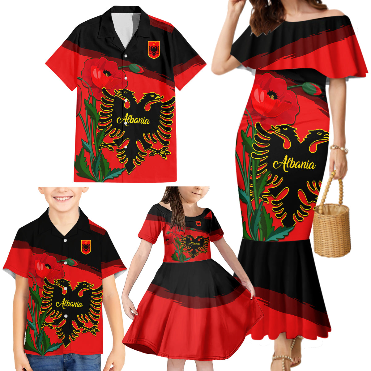 Albania Flag Day Family Matching Mermaid Dress and Hawaiian Shirt Albanian Coat Of Arms With Red Poppy - Wonder Print Shop