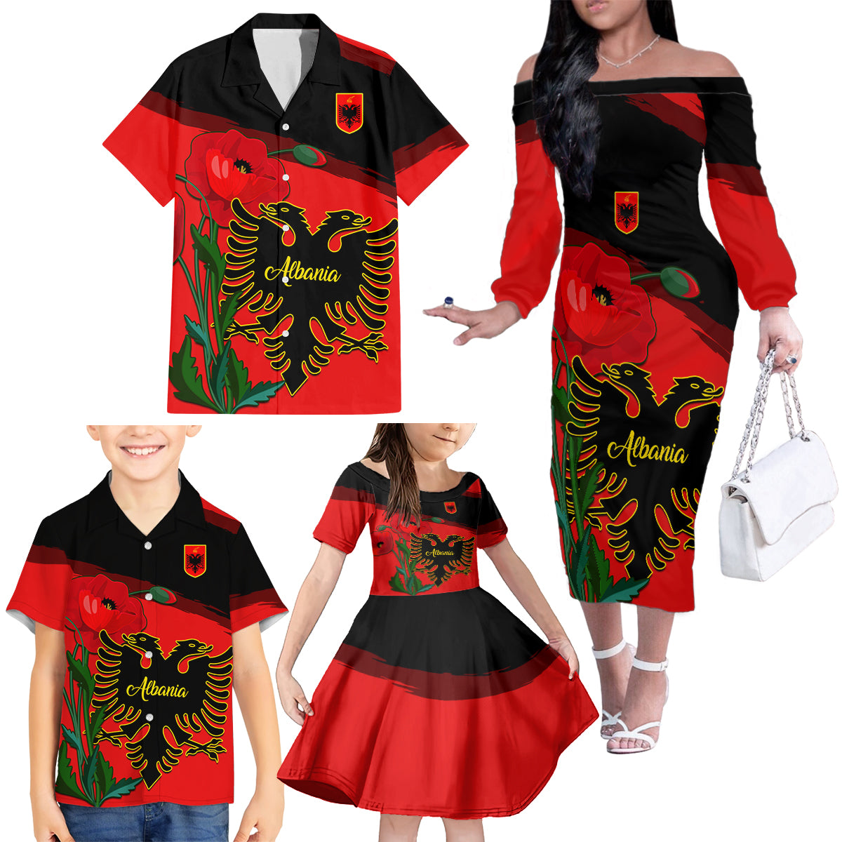 Albania Flag Day Family Matching Off Shoulder Long Sleeve Dress and Hawaiian Shirt Albanian Coat Of Arms With Red Poppy - Wonder Print Shop