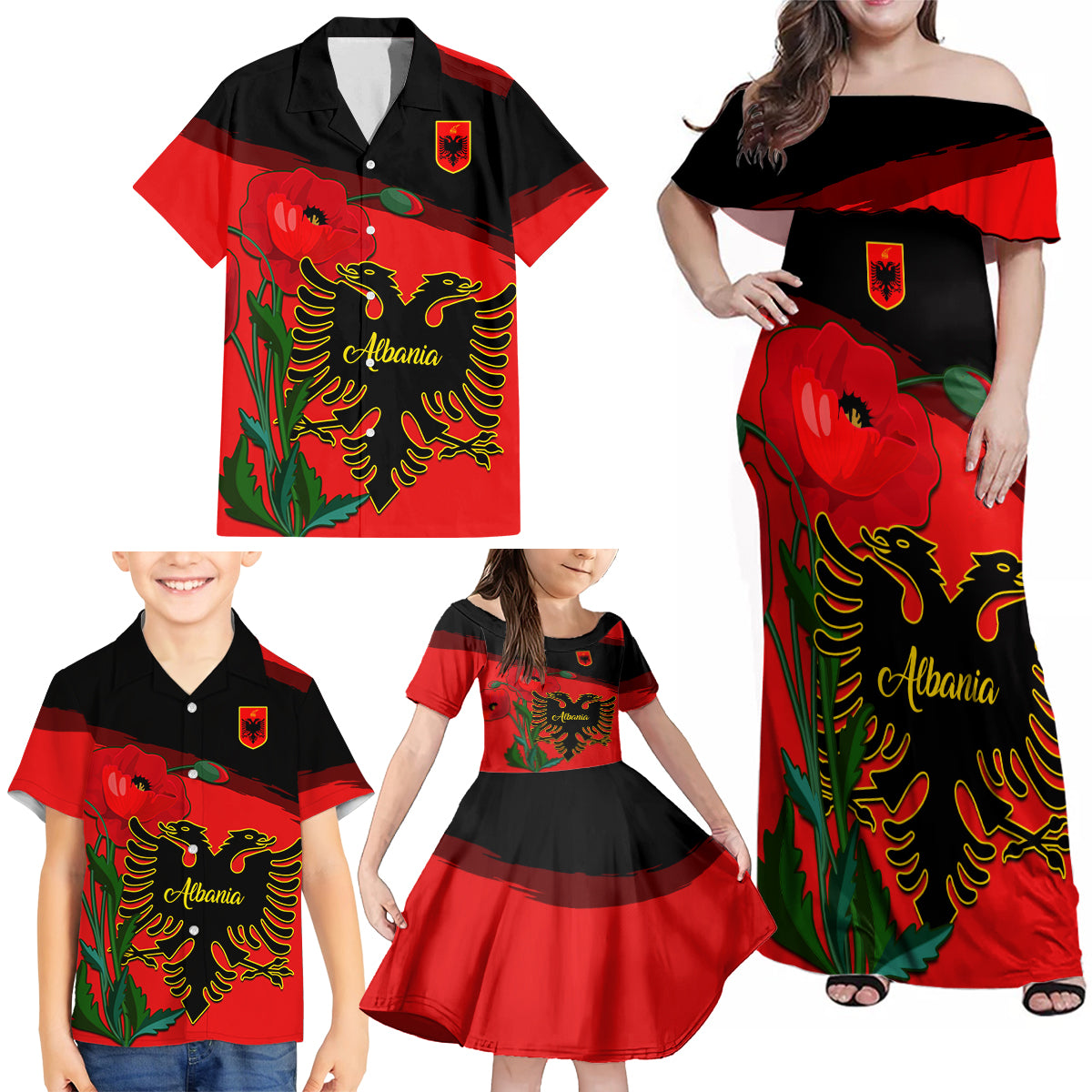 Albania Flag Day Family Matching Off Shoulder Maxi Dress and Hawaiian Shirt Albanian Coat Of Arms With Red Poppy - Wonder Print Shop