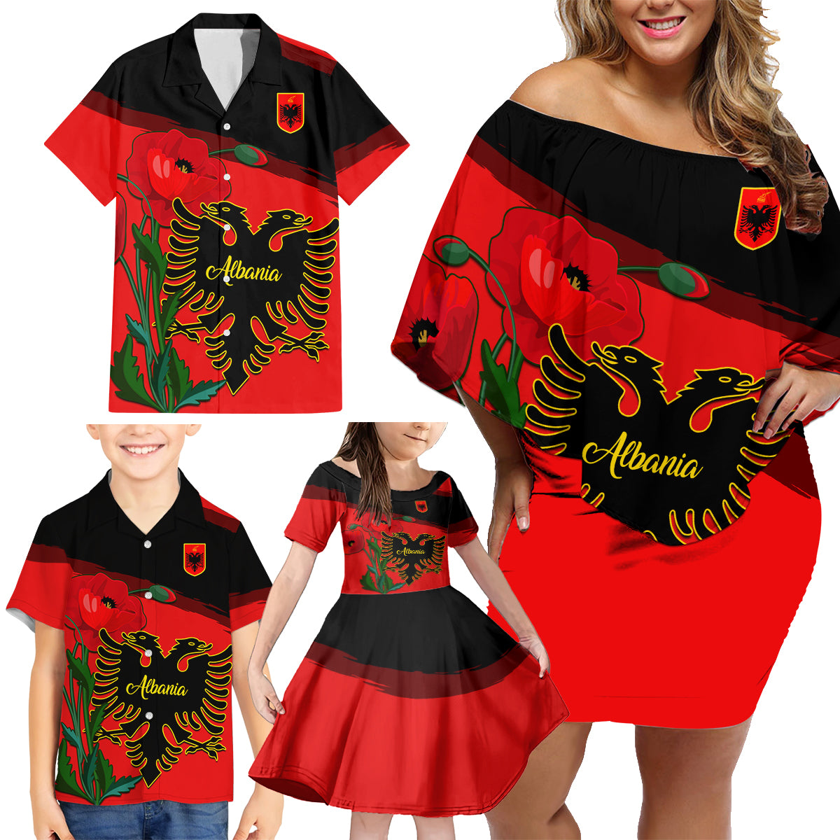 Albania Flag Day Family Matching Off Shoulder Short Dress and Hawaiian Shirt Albanian Coat Of Arms With Red Poppy - Wonder Print Shop