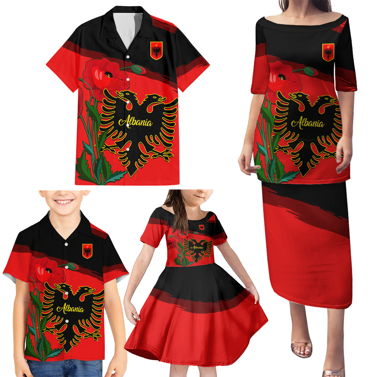 Albania Flag Day Family Matching Puletasi Dress and Hawaiian Shirt Albanian Coat Of Arms With Red Poppy - Wonder Print Shop