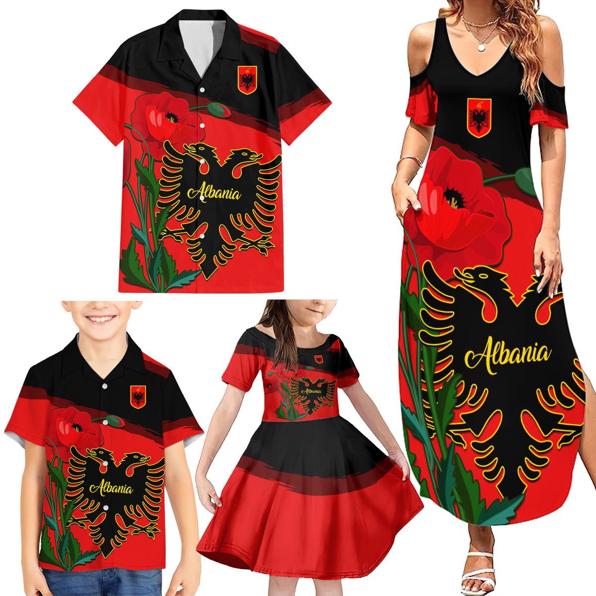 Albania Flag Day Family Matching Summer Maxi Dress and Hawaiian Shirt Albanian Coat Of Arms With Red Poppy - Wonder Print Shop