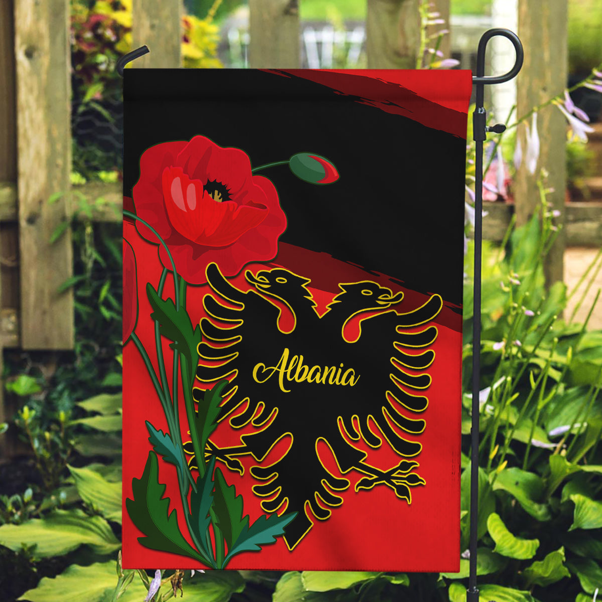 Albania Flag Day Garden Flag Albanian Coat Of Arms With Red Poppy - Wonder Print Shop