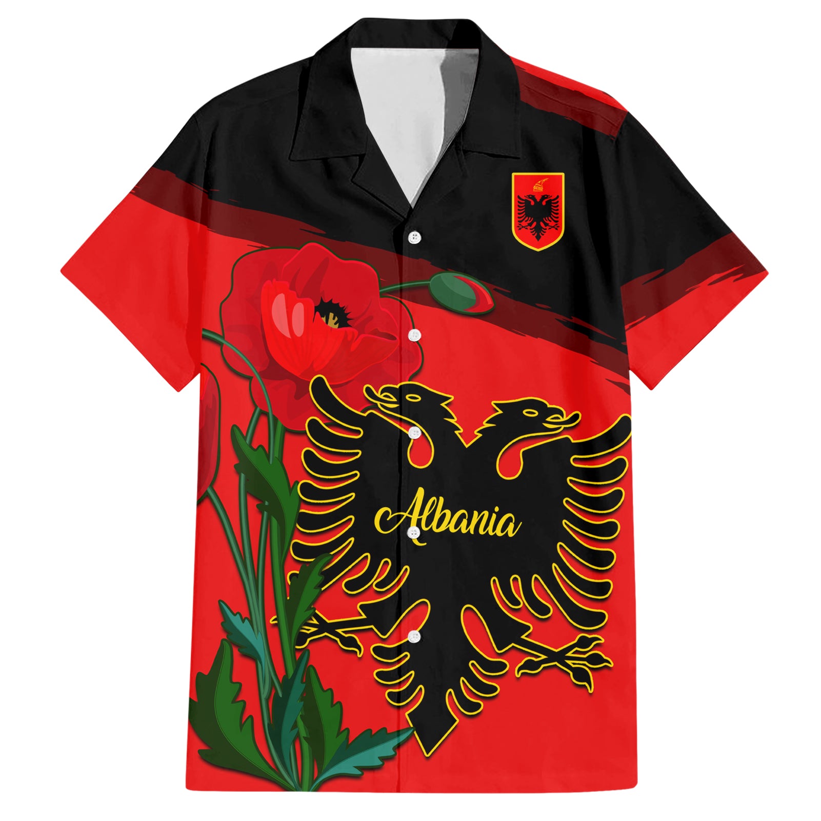 Albania Flag Day Hawaiian Shirt Albanian Coat Of Arms With Red Poppy - Wonder Print Shop