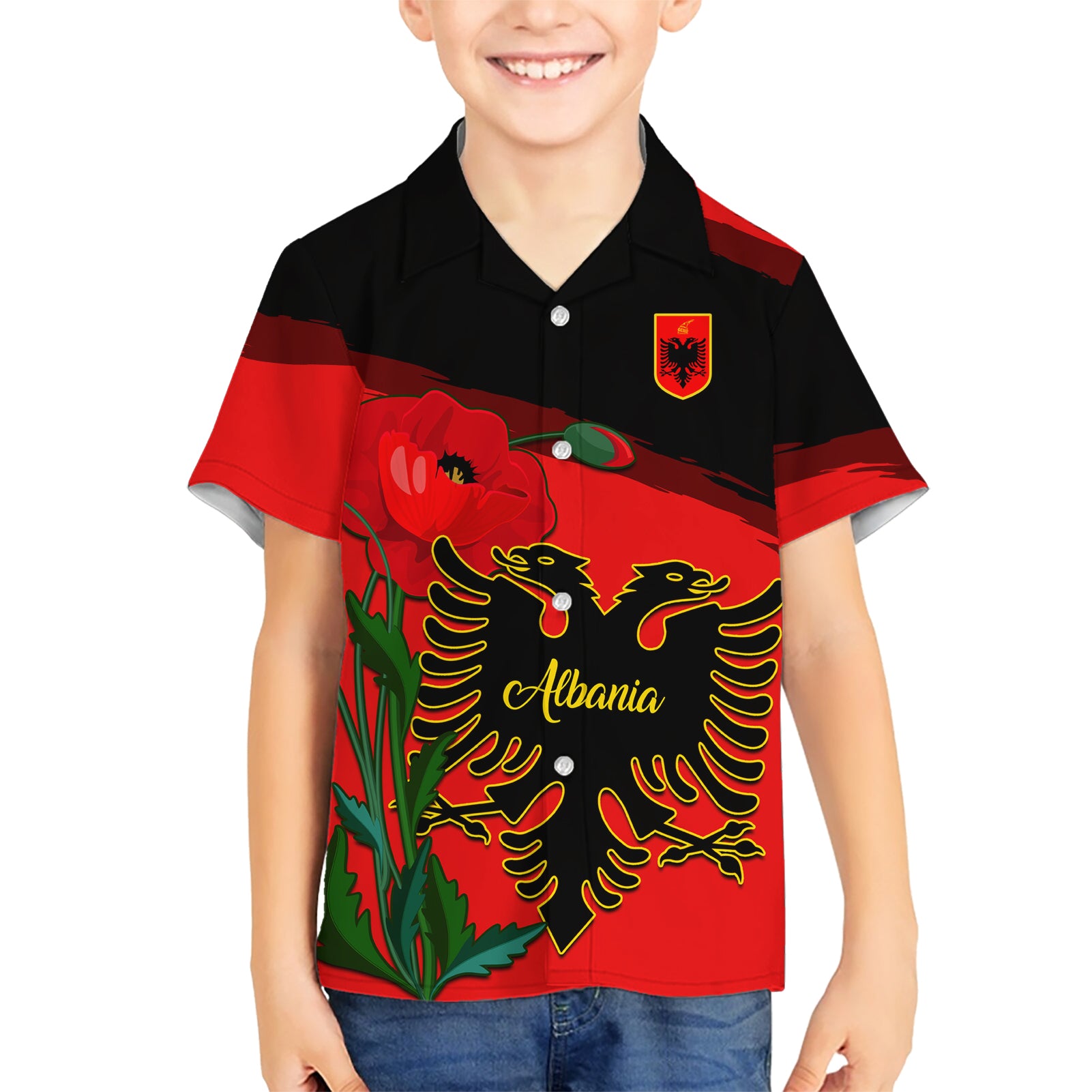 Albania Flag Day Kid Hawaiian Shirt Albanian Coat Of Arms With Red Poppy - Wonder Print Shop