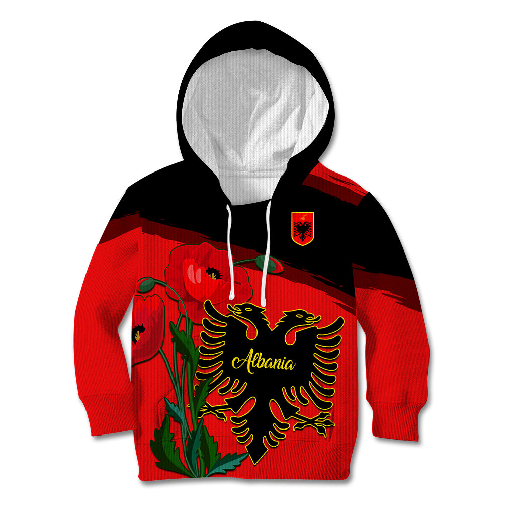 Albania Flag Day Kid Hoodie Albanian Coat Of Arms With Red Poppy - Wonder Print Shop