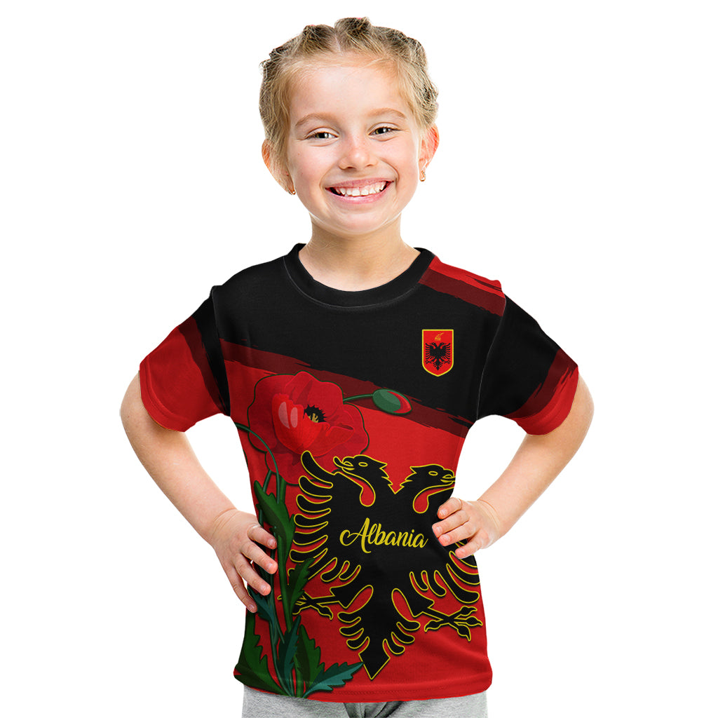 Albania Flag Day Kid T Shirt Albanian Coat Of Arms With Red Poppy - Wonder Print Shop