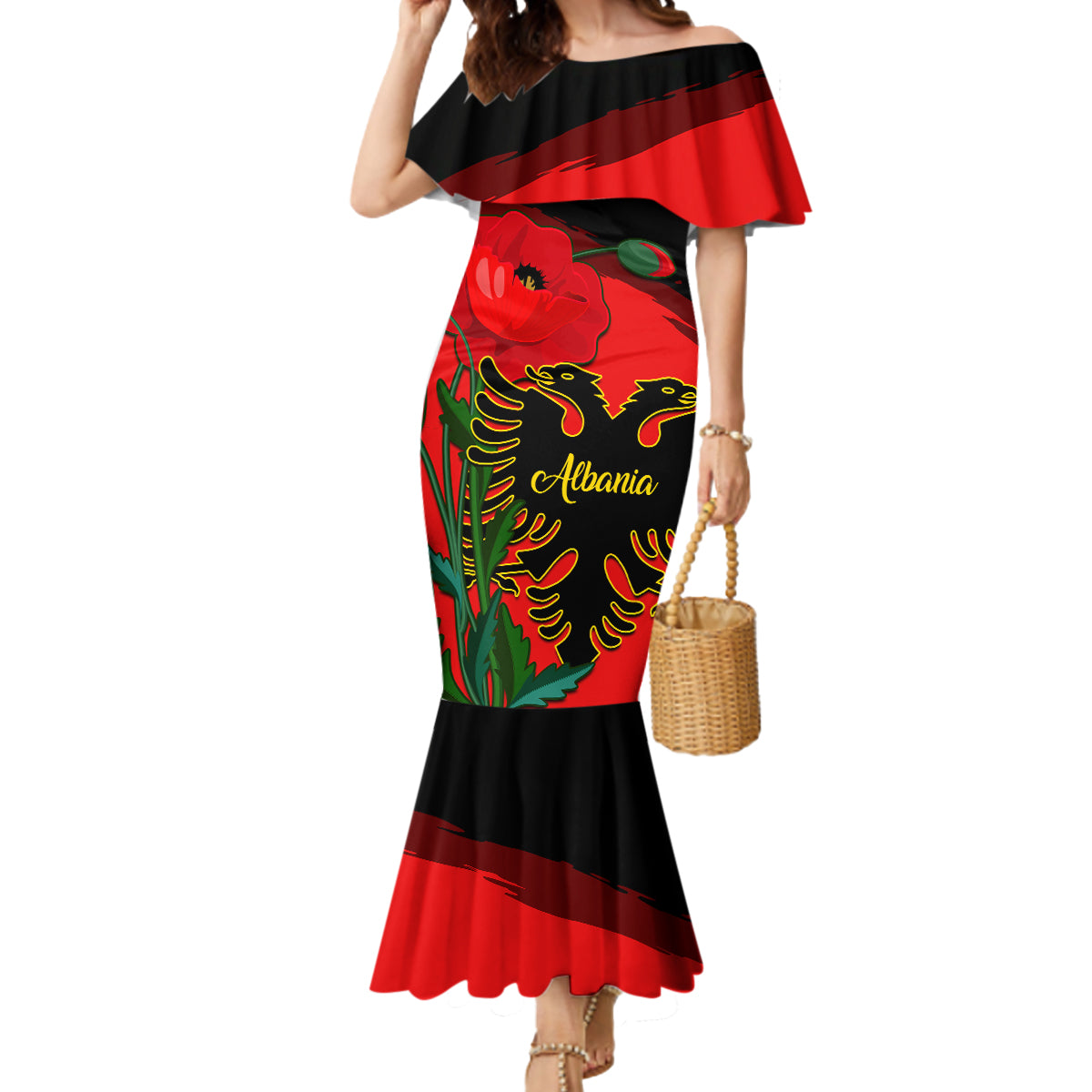 Albania Flag Day Mermaid Dress Albanian Coat Of Arms With Red Poppy - Wonder Print Shop