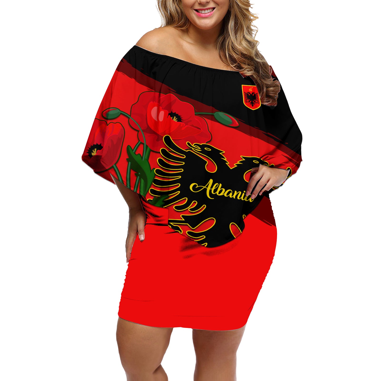 Albania Flag Day Off Shoulder Short Dress Albanian Coat Of Arms With Red Poppy - Wonder Print Shop