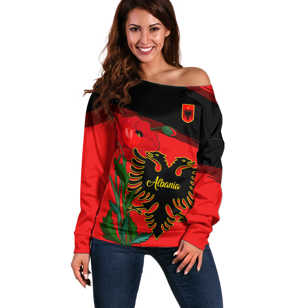 Albania Flag Day Off Shoulder Sweater Albanian Coat Of Arms With Red Poppy - Wonder Print Shop