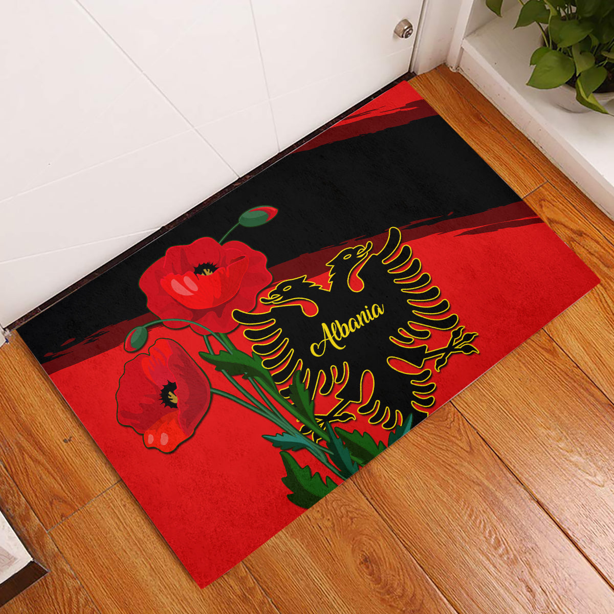 Albania Flag Day Rubber Doormat Albanian Coat Of Arms With Red Poppy - Wonder Print Shop