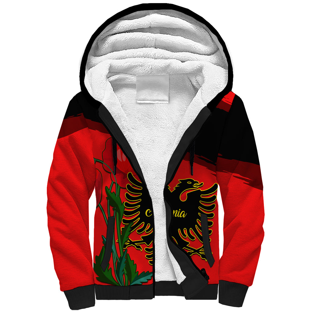 Albania Flag Day Sherpa Hoodie Albanian Coat Of Arms With Red Poppy - Wonder Print Shop