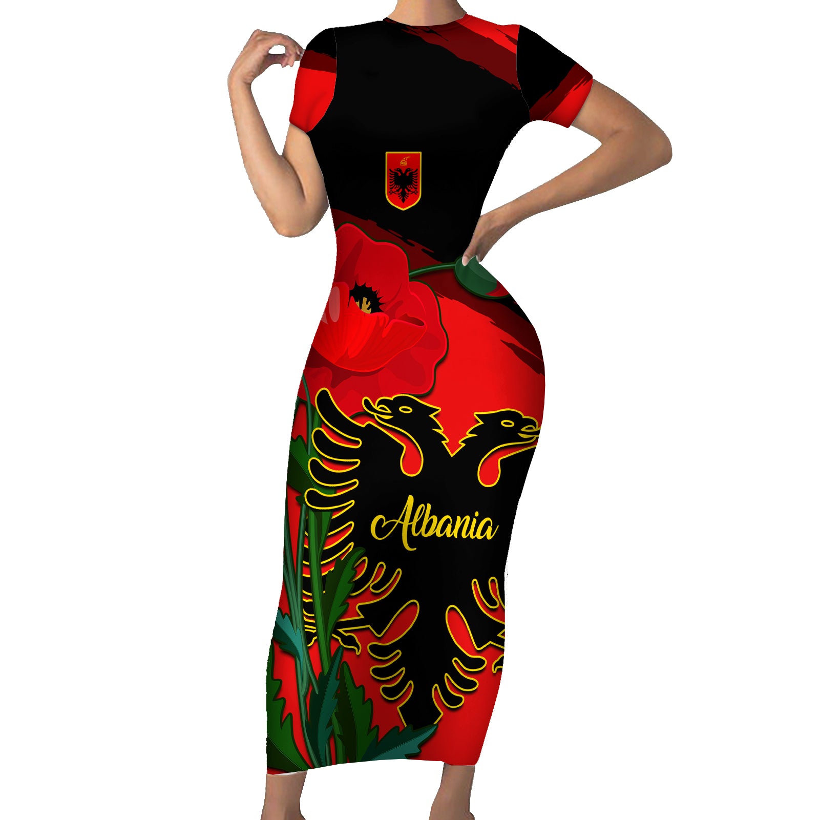 Albania Flag Day Short Sleeve Bodycon Dress Albanian Coat Of Arms With Red Poppy - Wonder Print Shop